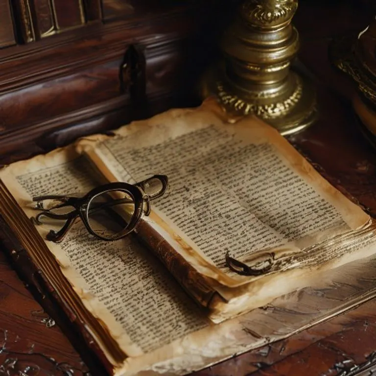 Cinematic still life de un Código de Comercio Colombiano antiguo de cuero, abierto en una página con escritura intrincada, sobre un escritorio de caoba pulida. A su lado, unas gafas antiguas y una pequeña balanza de latón ornamentada. La luz suave resalta la textura del papel y el cuero, simbolizando la autoridad legal y el detalle minucioso.