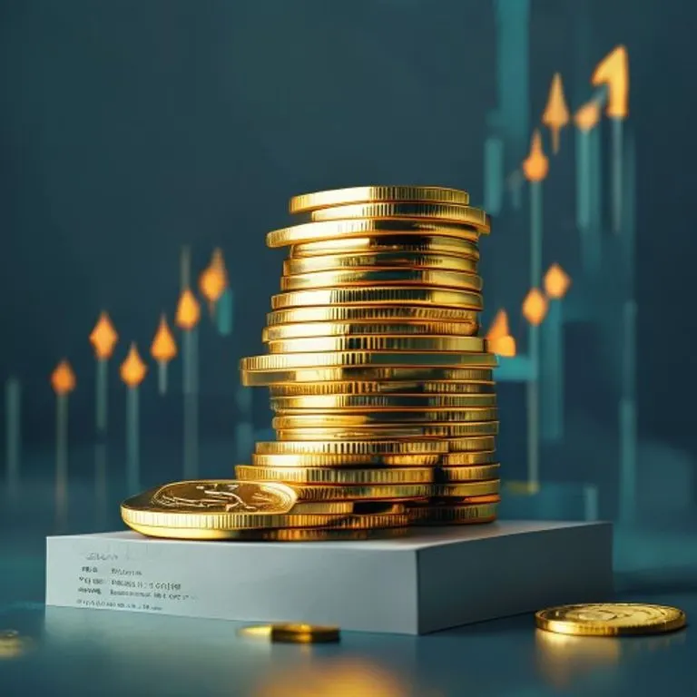 Renderizado conceptual 3D de una pila de monedas de oro estilizadas y certificados de acciones de papel dispuestos geométricamente sobre un pedestal minimalista. Al fondo, una sutil representación abstracta de un gráfico bursátil con tendencias al alza. La paleta de colores es de ricos oros y azules profundos, simbolizando valor, inversión y crecimiento financiero.