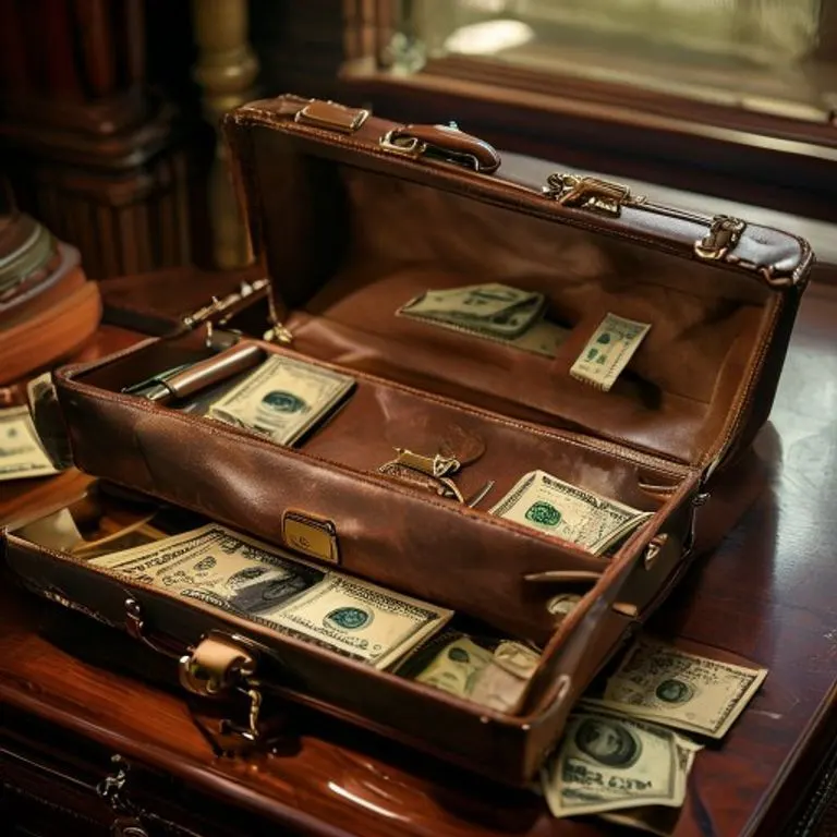 Naturaleza muerta cinematográfica de un maletín de cuero vintage abierto sobre un escritorio de caoba, mostrando billetes de pesos colombianos, una copia gastada del Código de Comercio y una pluma de ave, iluminados por una luz suave.