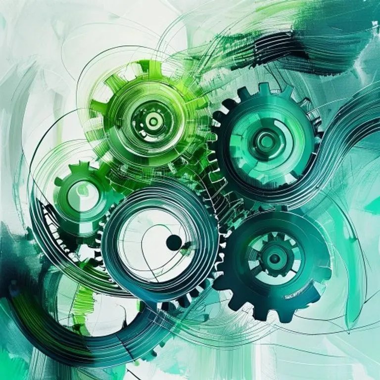 Pintura conceptual abstracta de engranajes interconectados y líneas fluidas que simbolizan la gobernanza corporativa y el valor para el accionista, con sutiles tonos verdes y azules.