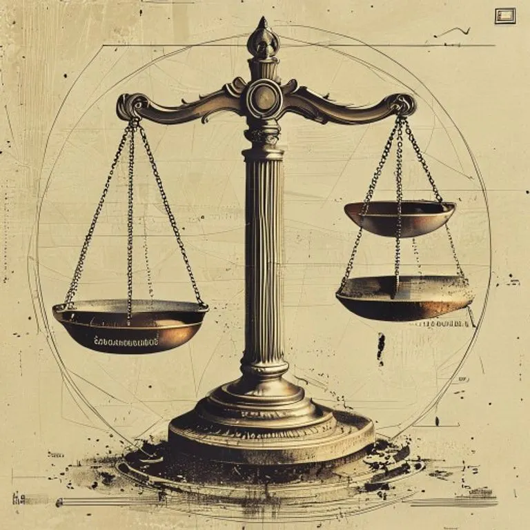 Arte conceptual de una balanza de justicia con un pilar fuerte representando al socio gestor y bloques interconectados para los comanditarios, dentro de un marco legal estilizado.