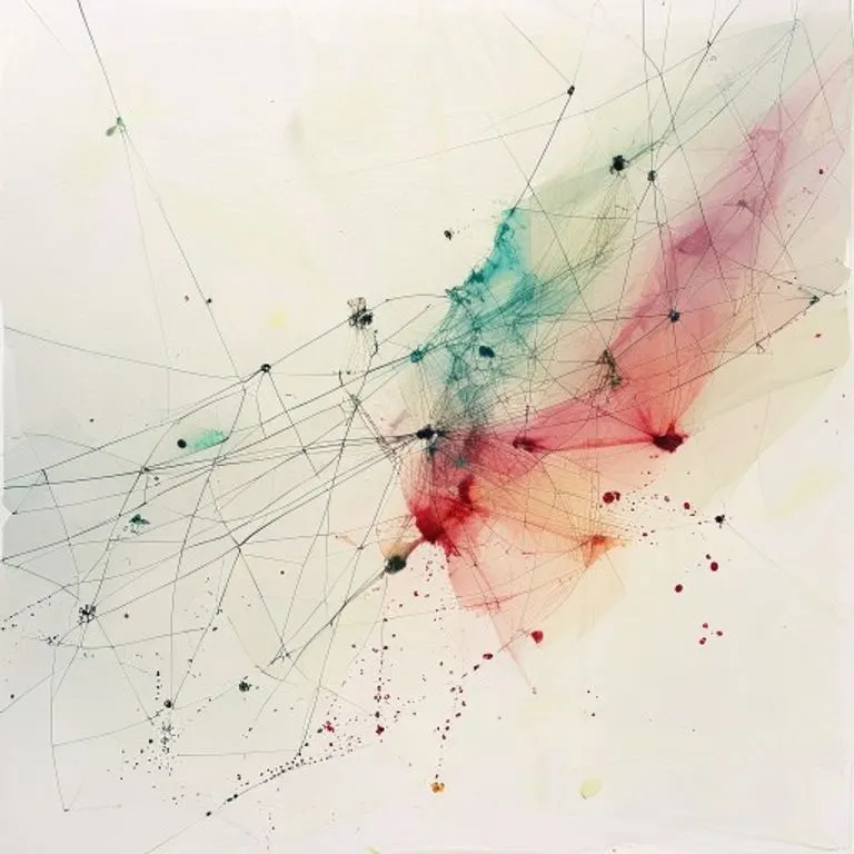 Pintura abstracta en acuarela que representa el desequilibrio y la fragilidad, con líneas que se rompen y colores que se desvanecen, simbolizando la disolución de una sociedad.