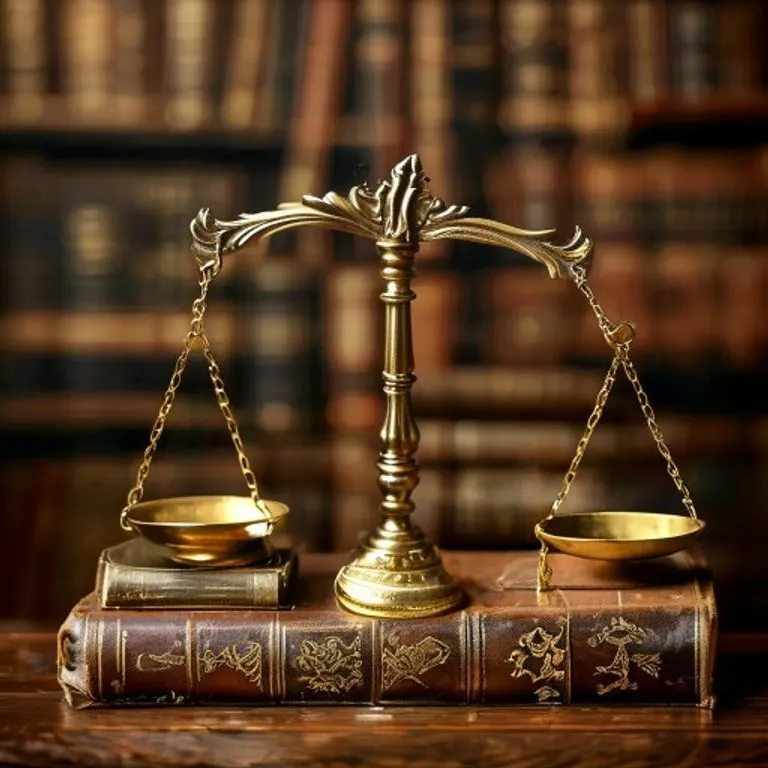 Balanza antigua con libros de derecho y una moneda moderna.