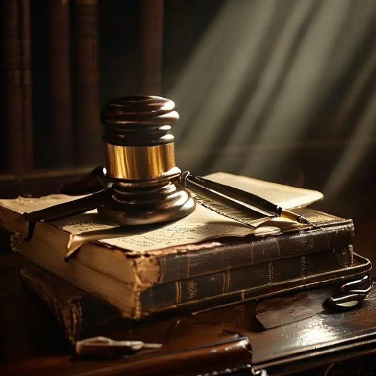Fotografía cinematográfica de un mazo de latón vintage sobre una pila de libros de leyes antiguos encuadernados en cuero, iluminados por un foco dramático. Una pluma de ave y un tintero se colocan cuidadosamente al lado en un escritorio de madera oscura y pulida, transmitiendo autoridad legal histórica.