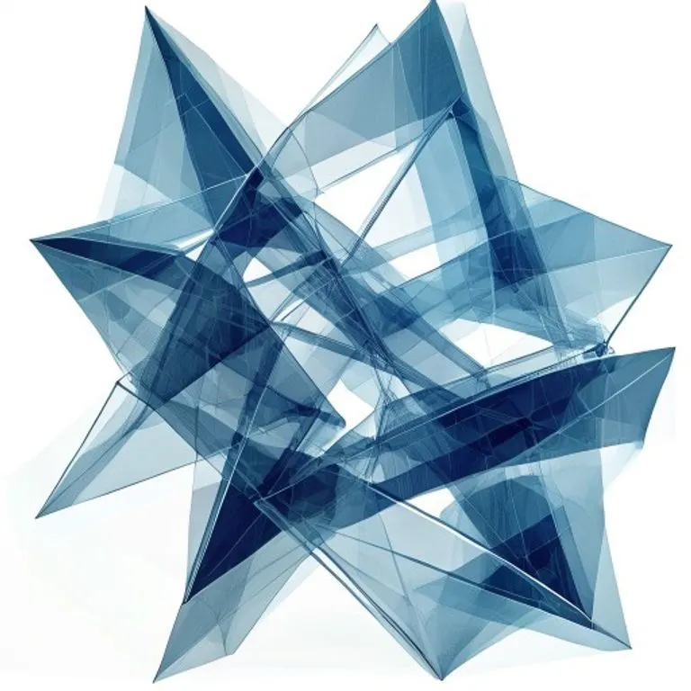 Arte conceptual de formas geométricas entrelazadas en tonos de azul y gris, creando una estructura dinámica y compleja. La composición simboliza el delicado equilibrio de poder y responsabilidad dentro de un marco de gobernanza corporativa, con formas transparentes que sugieren rendición de cuentas e interconexión.
