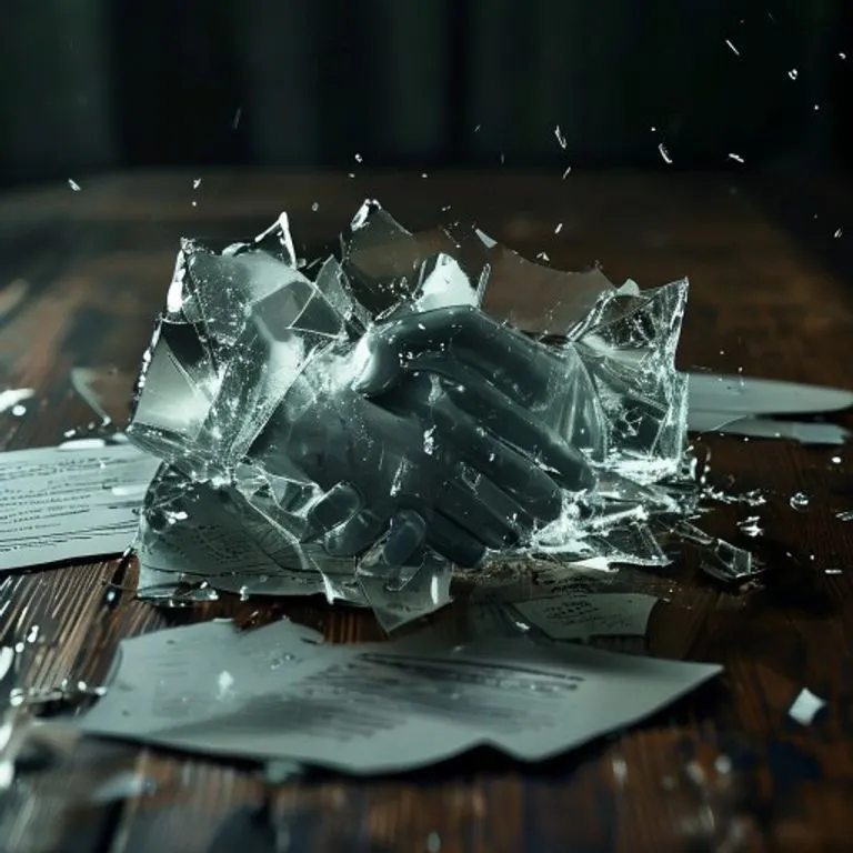 Bodegón cinematográfico de una escultura de cristal rota que representa un apretón de manos, sobre una mesa de madera oscura con documentos legales dispersos, simbolizando el fin de un acuerdo o la disolución de una sociedad.