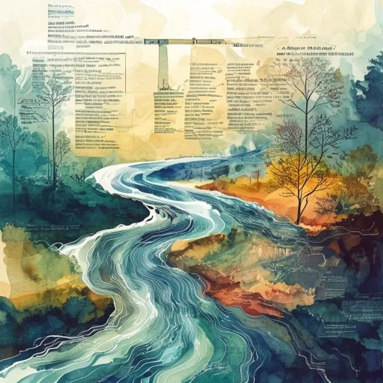 Acuarela conceptual de un río de cláusulas legales fusionándose con una base de ética empresarial y paisajes colombianos, representando la fluidez y solidez del marco legal.