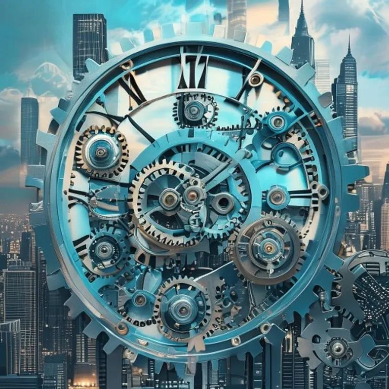 Arte conceptual de un intrincado mecanismo de relojería que representa la gobernanza corporativa, con engranajes etiquetados como 'Inspección', 'Vigilancia' y 'Control', sobre un fondo de rascacielos modernos, con líneas limpias y texturas metálicas.