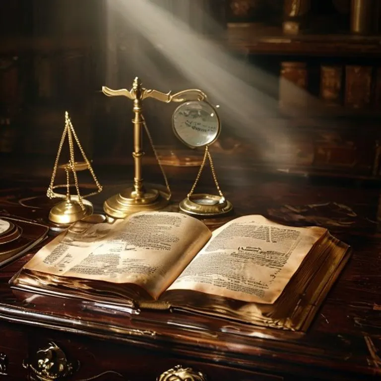 Un libro antiguo de leyes abierto en un escritorio de madera con una balanza y una lupa.