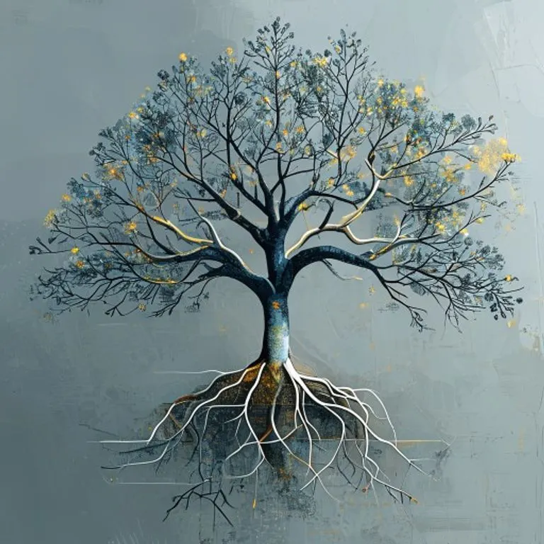 Una representación abstracta de un árbol corporativo con ramas y raíces entrelazadas, en tonos azules y dorados.