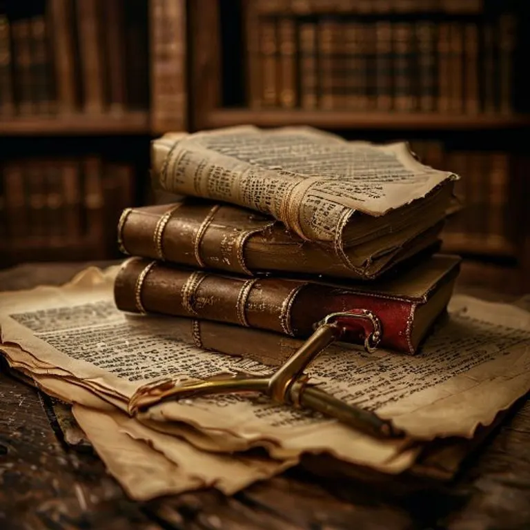 Naturaleza muerta de documentos legales apilados y una llave antigua de latón sobre un pergamino desgastado, con una biblioteca legal de fondo. Tonalidades sepia.