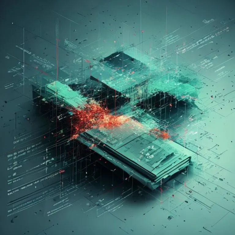Representación abstracta de un libro mayor financiero con líneas de datos brillantes que se disuelven en un patrón caótico y fragmentado. Colores fríos y formas geométricas.