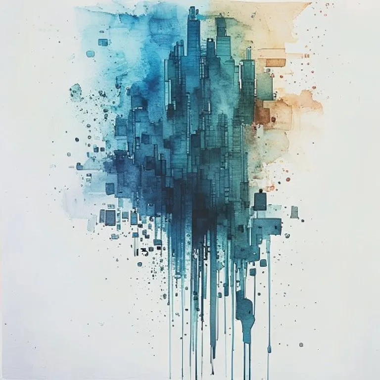Arte conceptual en acuarela de una estructura empresarial disolviéndose en elementos individuales, simbolizando la distribución de activos tras la liquidación.