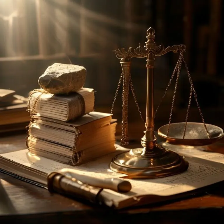 Escritorio con balanza de latón, documentos legales y pluma, simbolizando responsabilidad y justicia.