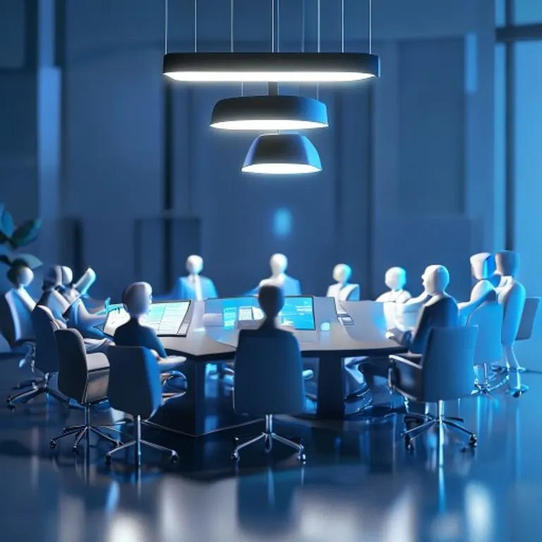 Representación abstracta en 3D de una mesa de reuniones corporativa con figuras sin rostro tomando decisiones en un ambiente de tonos azules y grises.