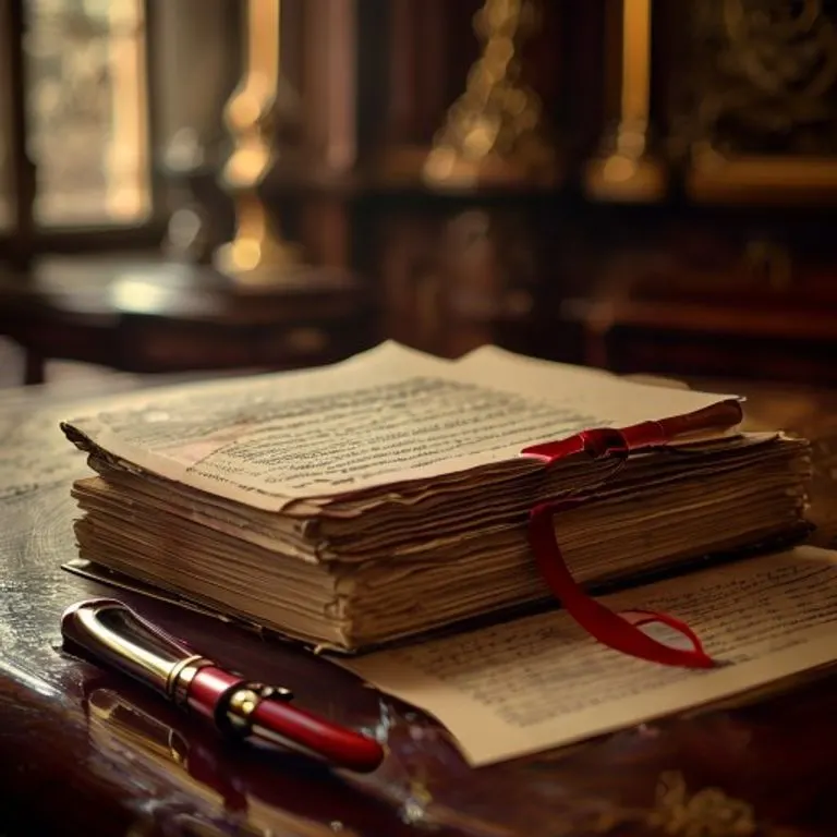 Primer plano de una pila de documentos legales antiguos atados con una cinta roja, con una lupa y un sello corporativo borroso, evocando un sentido de historia y escrutinio legal.