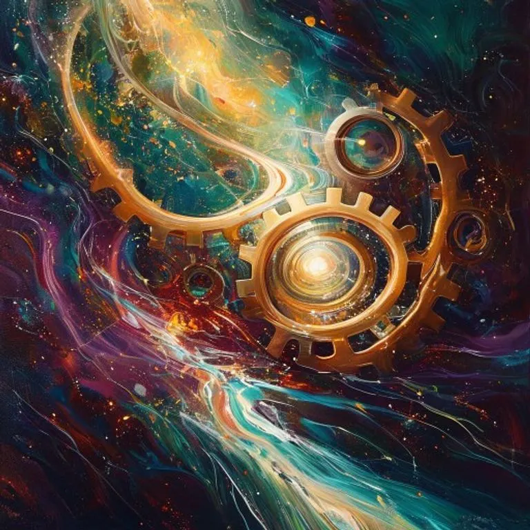 Pintura al óleo conceptual de engranajes y luces entrelazadas que simbolizan la sinergia empresarial.