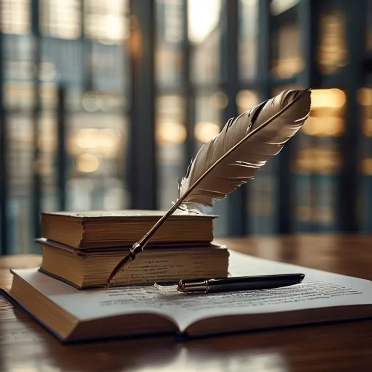 Bodegón cinematográfico de libros legales y una pluma de ave sobre un libro de contabilidad abierto.