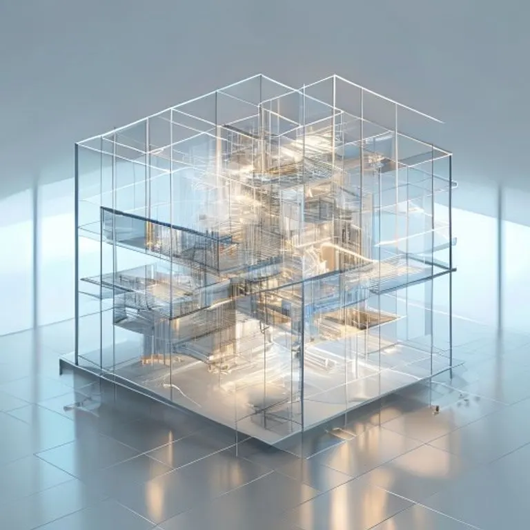 Renderizado isométrico 3D de una estructura geométrica compleja e interconectada de acero pulido y vidrio, con algunas secciones visiblemente desplazándose y reconfigurándose. El fondo es un entorno de oficina corporativa limpio y minimalista. Representa la reestructuración corporativa y la naturaleza dinámica de los acuerdos.