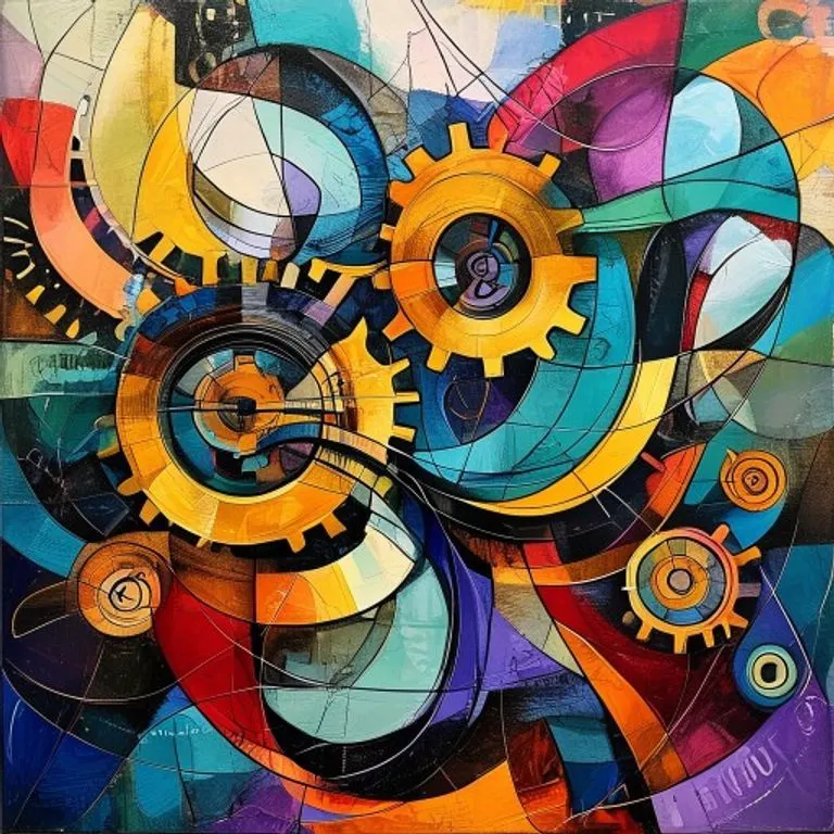 Pintura conceptual cubista con engranajes y líneas de dinero entrelazadas, representando la complejidad de las finanzas corporativas.