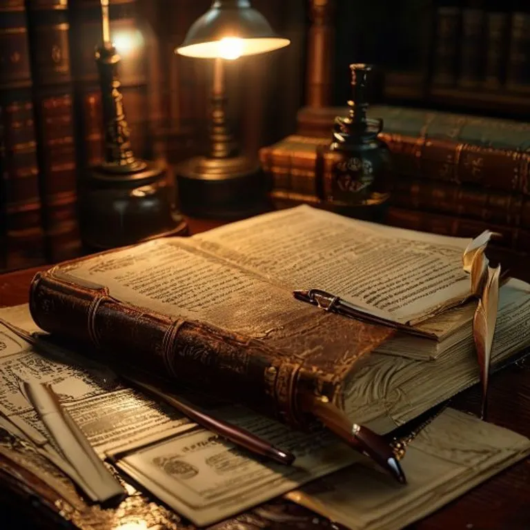 Bodegón cinematográfico: un libro de código legal antiguo, encuadernado en cuero, abierto en una página con texto resaltado, sobre un escritorio de caoba pulida. A su lado, una pluma de ave, un tintero y una pila de billetes antiguos, tenuemente iluminados por una lámpara de escritorio. La escena evoca un sentido de diligencia legal histórica y compromiso financiero.
