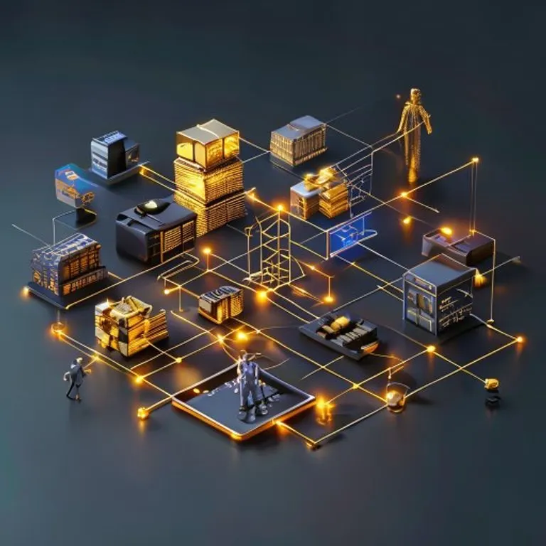 Renderizado 3D: una colección meticulosamente organizada de objetos simbólicos que representan diferentes tipos de contribuciones a una empresa: una fábrica en miniatura, una tableta digital que muestra un algoritmo complejo, una pila de lingotes de oro y una silueta estilizada de una figura humana que simboliza el trabajo, todos conectados por líneas brillantes sobre un fondo minimalista y oscuro.