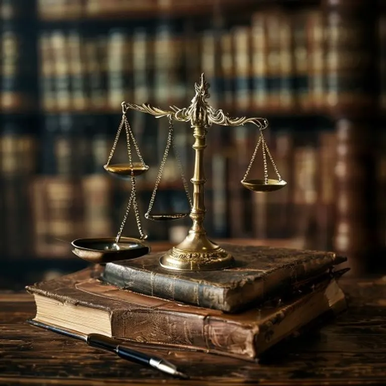 Fotografía cinematográfica de una balanza de la justicia antigua sobre libros de leyes, con luz dramática.