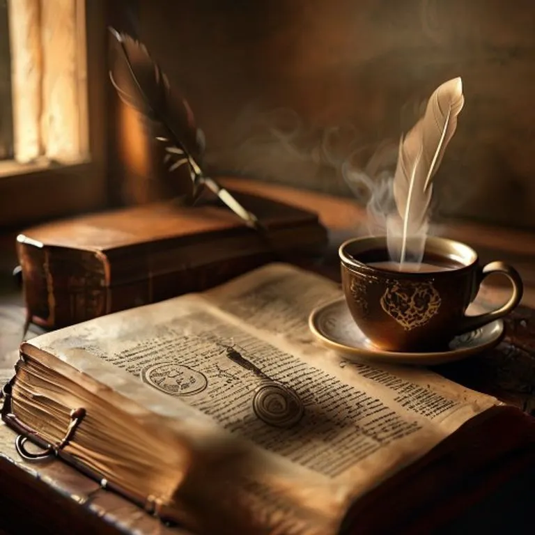 Bodegón de un escritorio con un libro de derecho abierto, pluma y sello de cera, bajo una luz cálida.