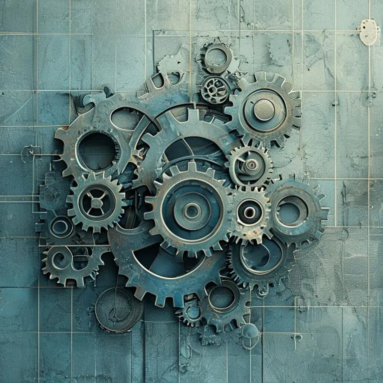 Arte conceptual de engranajes interconectados, algunos desalineados, sobre un fondo de cuadrícula geométrica, simbolizando estructuras legales y fallas.