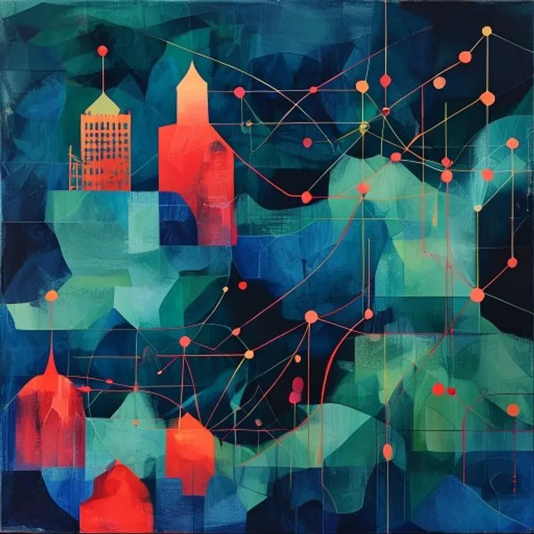 Arte conceptual abstracto con formas geométricas interconectadas que representan redes económicas y regulación, en tonos azules y verdes.