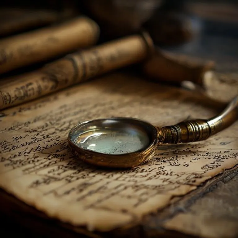 Primer plano de una lupa de latón antigua sobre un libro de contabilidad manuscrito.
