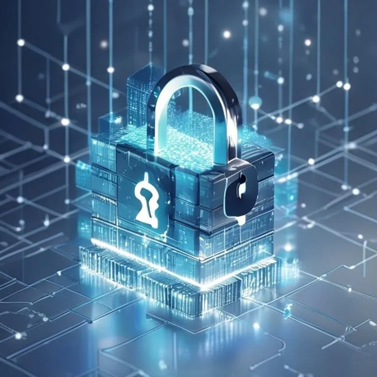 Render 3D conceptual de un candado digital con datos brillantes, simbolizando la protección de la privacidad en un entorno legal.