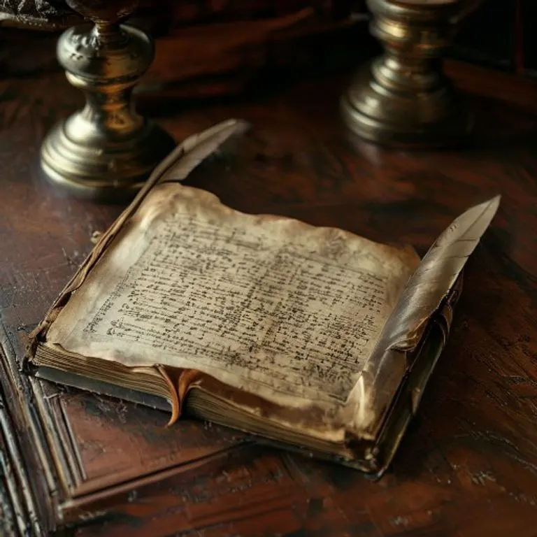 Fotografía vintage de un libro mayor antiguo, un tintero y una pluma, evocando la historia de la contabilidad mercantil.