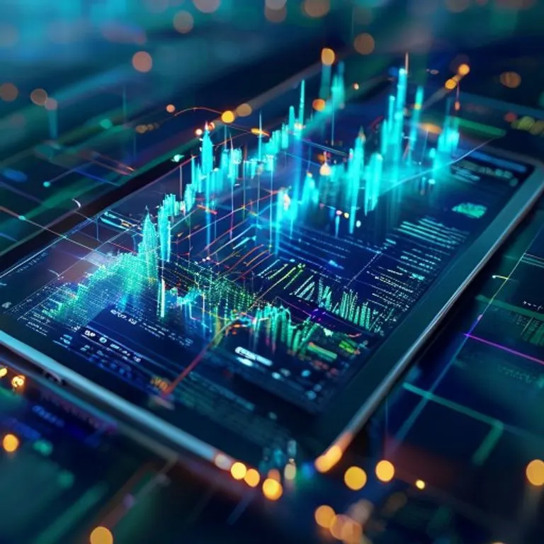 Ilustración 3D detallada de una tablet mostrando un dashboard financiero moderno con gráficos y datos en tiempo real, rodeada de flujos de información digital, en tonos azules y verdes.