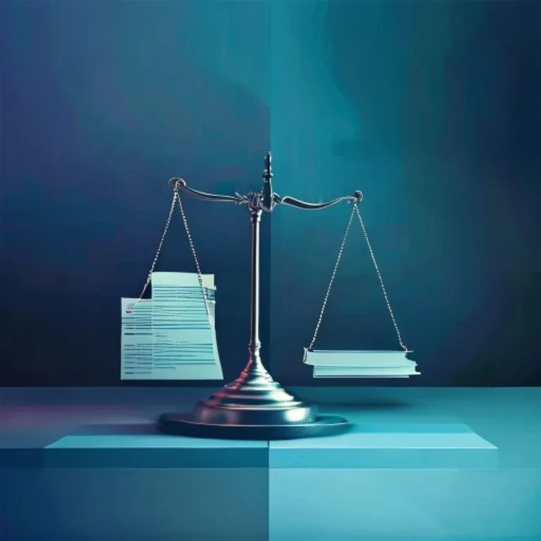 Arte conceptual minimalista de una balanza perfectamente equilibrada, con documentos legales apilados en un platillo y bloques de datos digitales en el otro, sobre un fondo abstracto azul y gris, simbolizando la armonía entre la ley y la tecnología.