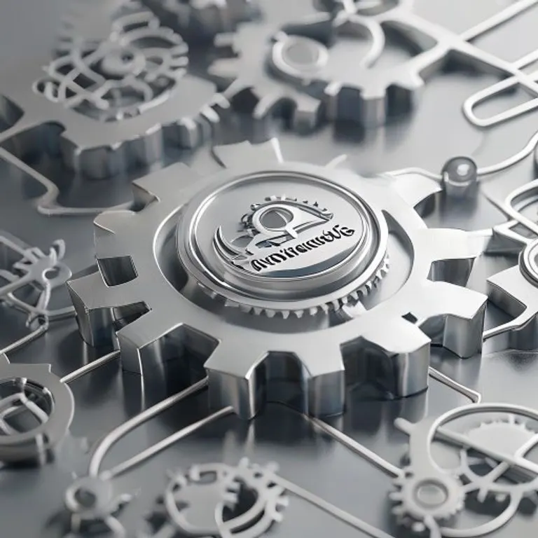 Red de engranajes y cogs interconectados, con un ícono de 'Registro Mercantil' en el centro, rodeado de figuras abstractas que representan a individuos comerciando, en un estilo 3D renderizado metálico.