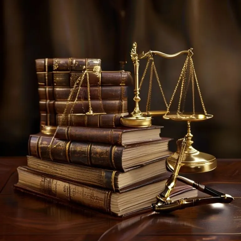 Renderizado 3D de una pila de libros de derecho antiguos, una balanza de la justicia de latón y una lupa sobre una mesa de caoba pulida, simbolizando la justicia y la ley.