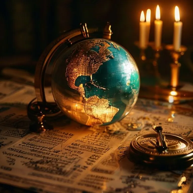 Fotografía cinematográfica de un globo terráqueo iluminado por velas, rodeado de documentos de comercio internacional y una brújula, evocando la globalización y la historia del comercio.