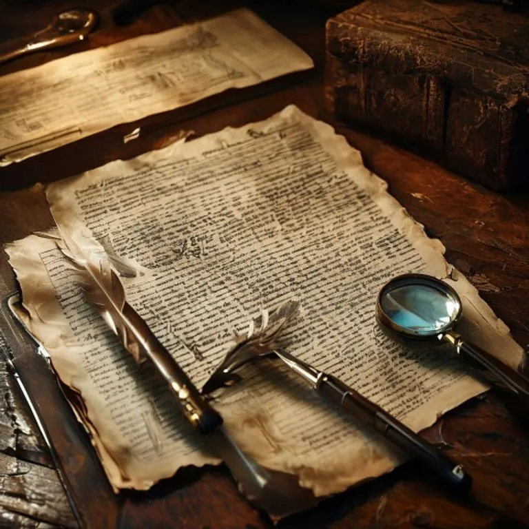 Bodegón de documentos legales antiguos, una pluma de ave y un libro mayor, iluminados por una luz cálida.