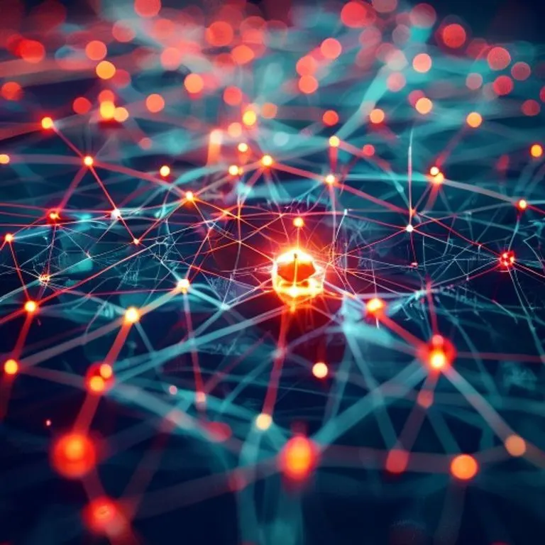 Arte conceptual de una red de datos brillante y abstracta, con un pergamino antiguo en el centro, simbolizando la conexión entre la ley y el comercio moderno.