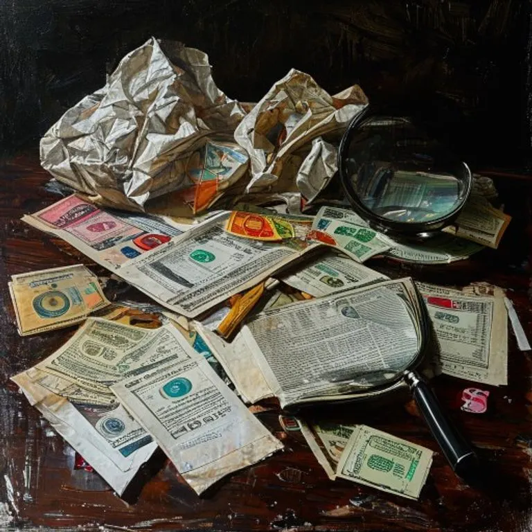Pintura conceptual al óleo de documentos legales arrugados y símbolos de divisas internacionales sobre un escritorio, con una lupa intentando enfocar el texto ilegible.