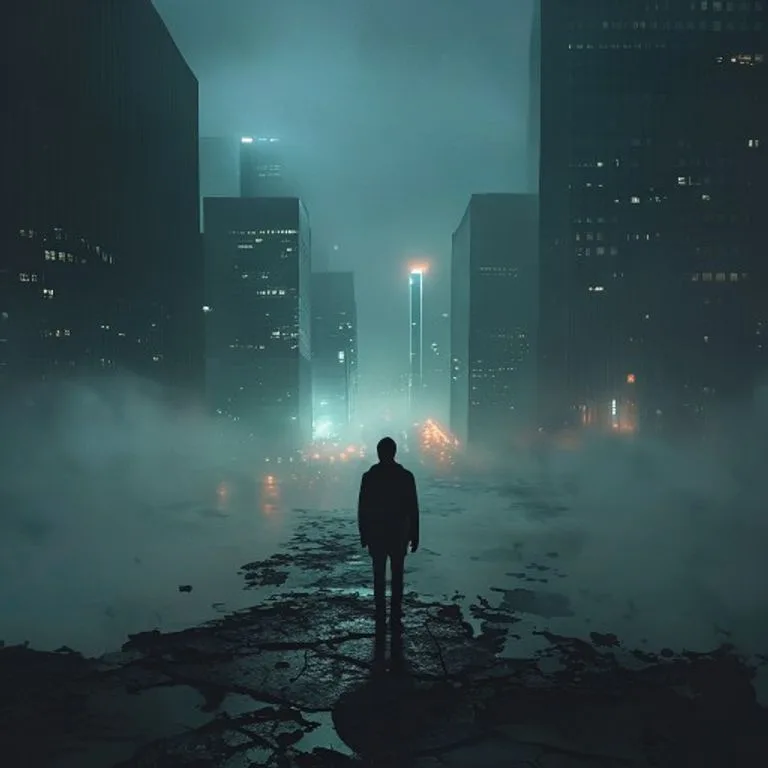 Fotografía cinematográfica de una figura solitaria y silueteada al borde de un vasto paisaje financiero neblinoso, mirando hacia luces regulatorias distantes e indistintas, con el suelo fragmentado.
