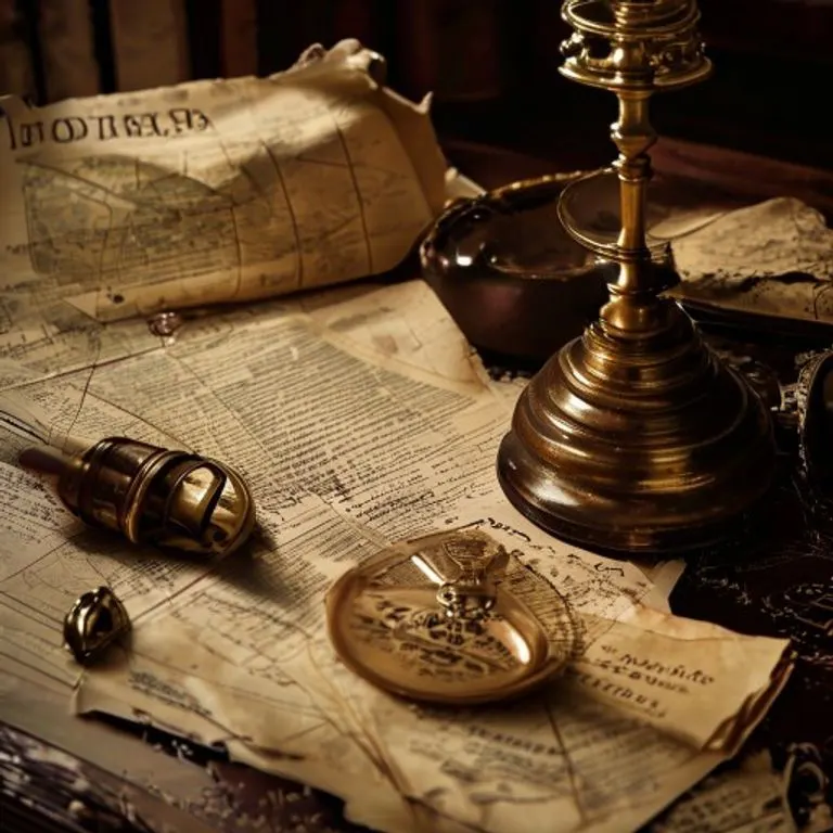 Fotografía vintage de un bodegón con libros de leyes antiguos, pergaminos, un sello de cera y una lupa sobre un escritorio de madera, en tonos sepia.