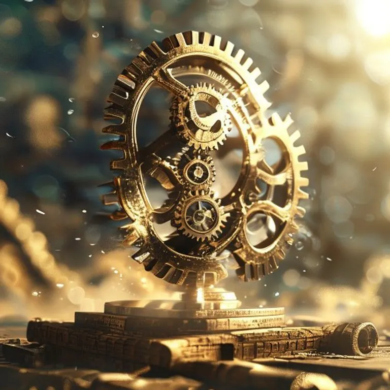 Renderizado 3D conceptual de engranajes de latón entrelazados con pergaminos antiguos, simbolizando la evolución del derecho y el comercio.