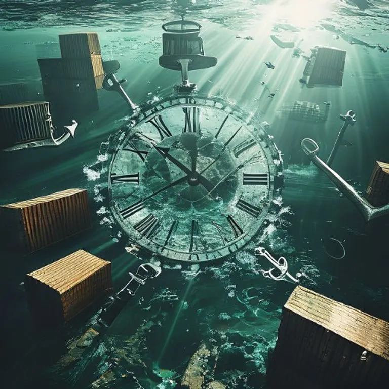 Fragmento de un reloj sumergido en agua con elementos de carga y anclas, simbolizando los plazos legales y el comercio marítimo.