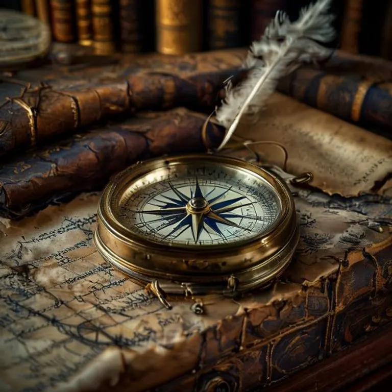 Brújula antigua sobre libros de derecho marítimo y una pluma de ave.