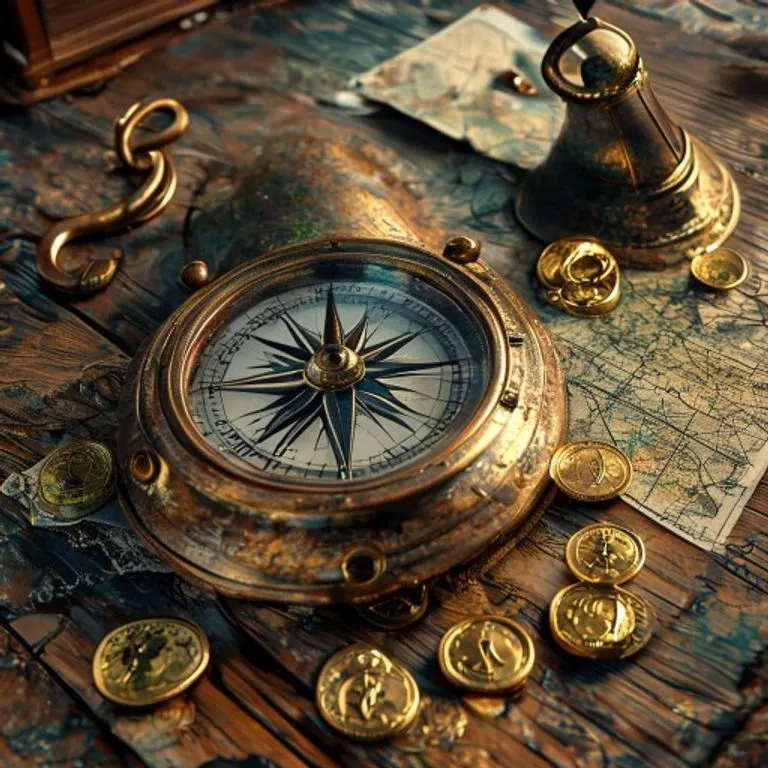 Brújula antigua, campana de barco y monedas de oro sobre un escritorio de madera.
