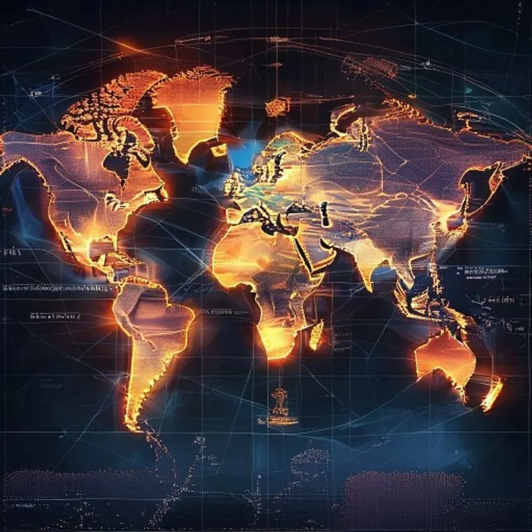 Mapa mundial estilizado con líneas luminosas conectando puertos globales, y balanzas de justicia.