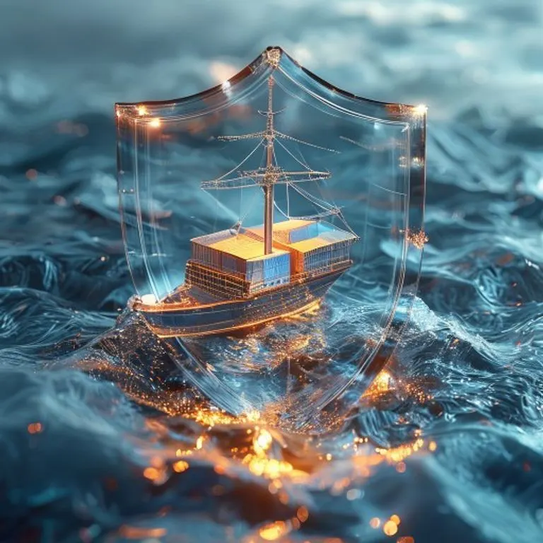 Render 3D conceptual de un escudo transparente y brillante con cláusulas legales entrelazadas, protegiendo un barco de carga en miniatura en un mar agitado, simbolizando la protección del seguro marítimo.