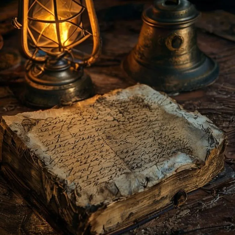 Naturaleza muerta cinematográfica de una bitácora de capitán desgastada, abierta en una página con escritura angustiada, junto a un sextante roto y una campana de barco de latón empañada, todo iluminado por una linterna parpadeante, transmitiendo peligro y pérdida marítima.